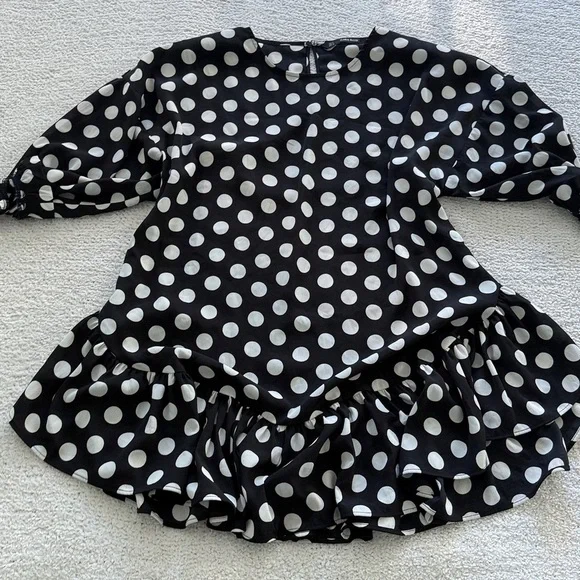 ZARA Polka Dot Ruffle Hem Tunic Top Black and White S Oversized - Picture 7 of 7